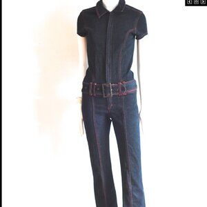 Armor Jeans 1990's Denim Jumpsuit With Belt & Red Stitch Detail - HK